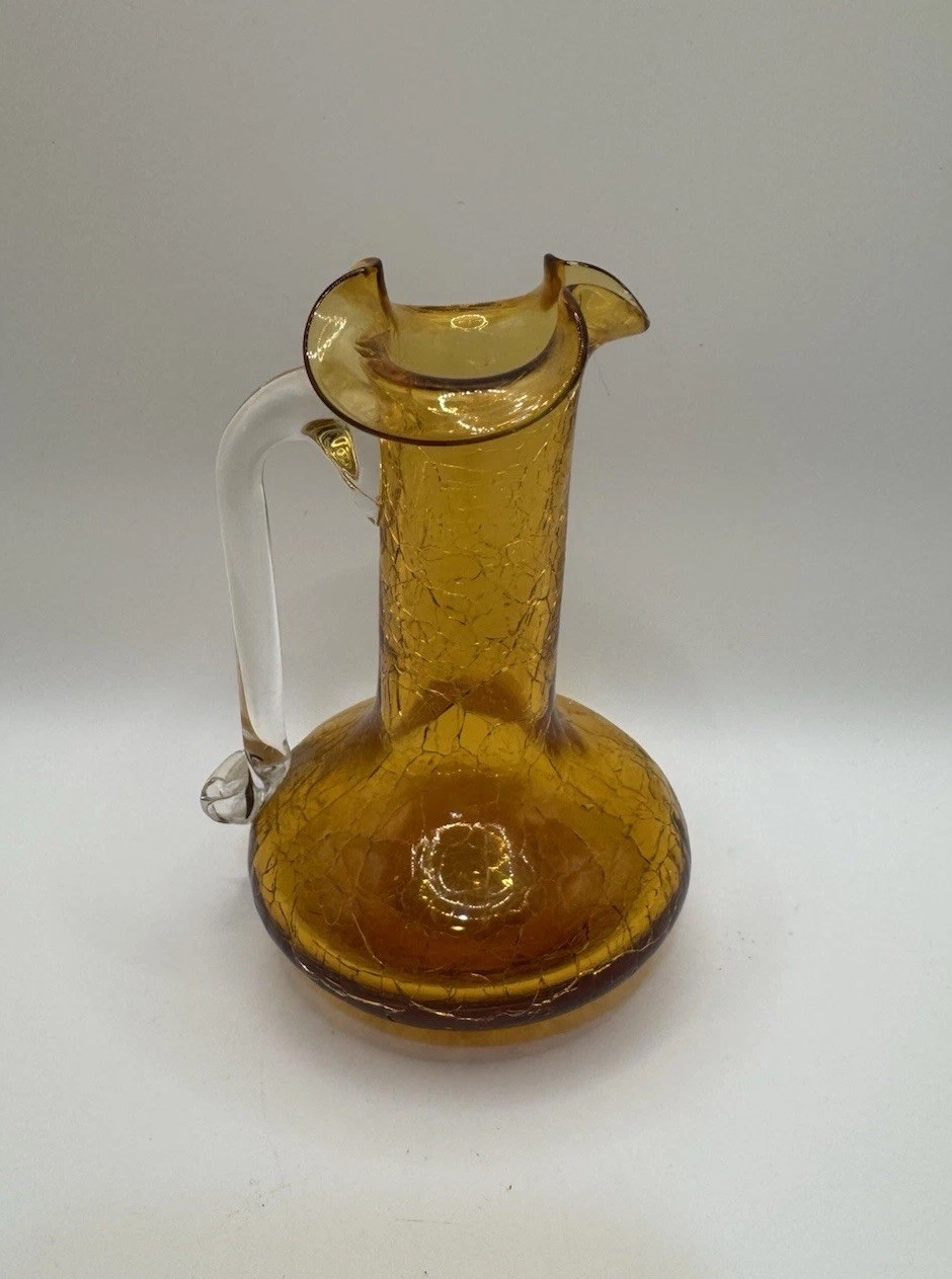 Vintage Amber Crackle Glass Pitcher Hand Blown Ruffled Rim Small MCM