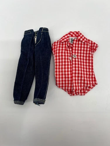 Vintage 1960's Mattel Barbie #967 Picnic Set Blue Jeans & Checkered Body Shirt