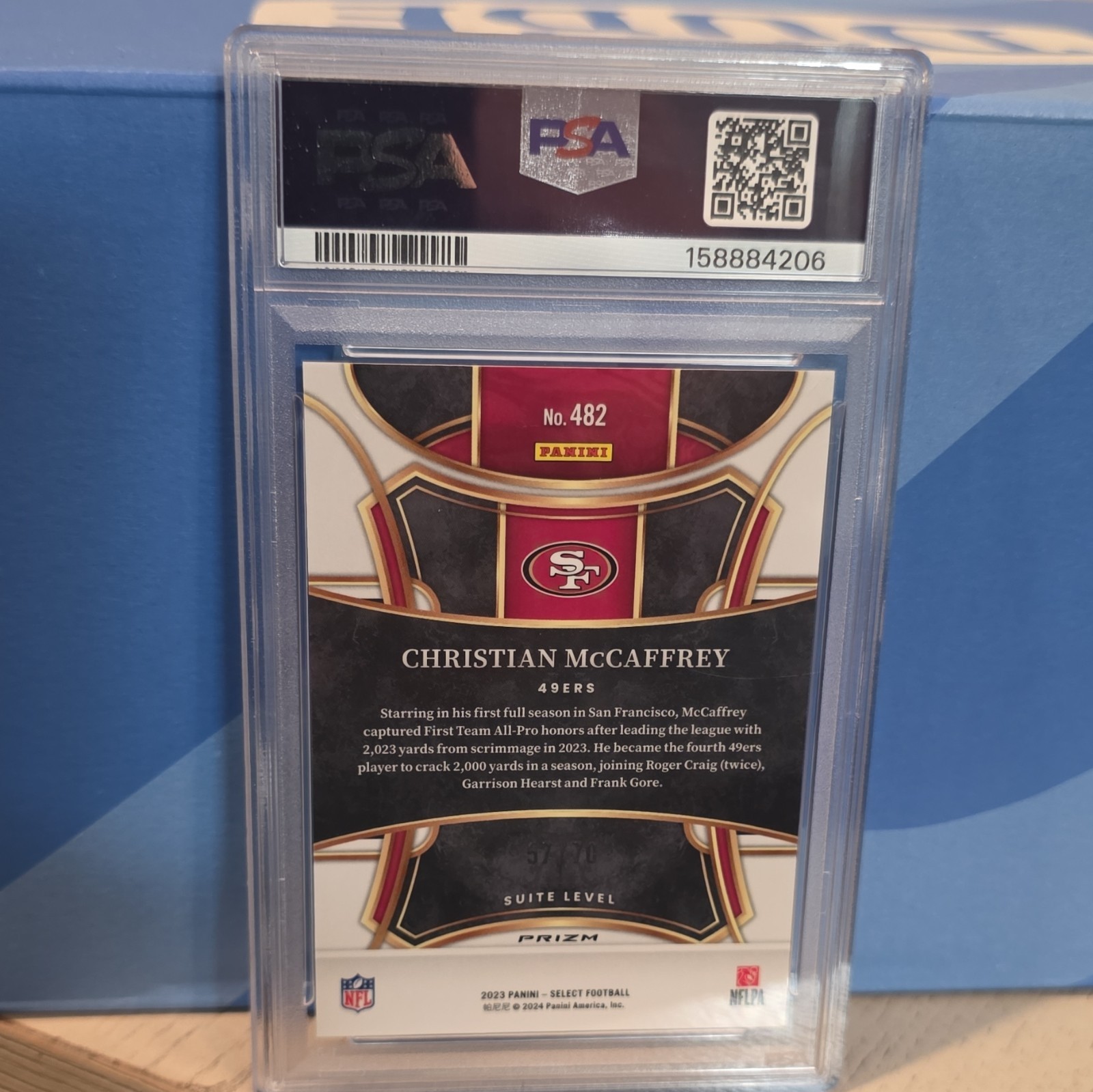 Panini 2023 Select Suite Level Christian McCaffrey 49ers #482 57/70 PSA 9 view 2