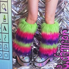 Thick Multicolor Fur Leg Warmers - Fuzzy Fluffies - H.Pink /Green/Purple - 15 in
