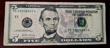 Fancy Serial Number circulated 5 Five Dollar Bill Binary Numbers 3  s And 6  s