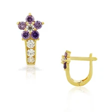 925 Sterling Silver Gold-Tone White Amethyst-Tone CZ Flower Huggie Earrings