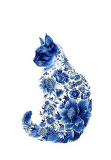 Blue Floral Cat Wood Jigsaw Puzzle Animal Shape Adult Kids Size Small NIB
