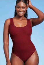 Kona Sol Pucker Square Neck Medium Coverage One Piece Burgundy Swimsuit XL NWT