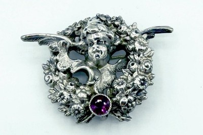Antique Art Nouveau Kerr Sterling & Garnet Watch Pin/Pendant Angel Cherub