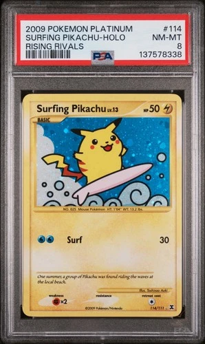 Rising Rivals Surfing Pikachu Holo 2009 Pokemon Platinum #114/111 PSA 8 New Cert