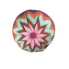 Crochet Granny Throw Pillow Multicolor 16 Round Boho Chevron