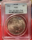 1922 Peace Dollar  PCGS MS63 Silver 7357 63/9251110 Graded Coin