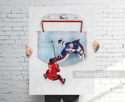 Connor Hellebuyck  saves a shot Poster, Canvas, Hockey print, Sports wall art