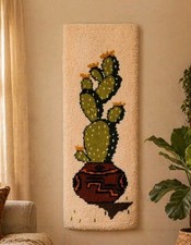 Vintage Potted Cactus Prickly Pear Hook Latch Rug Completed Wall Art Southwest