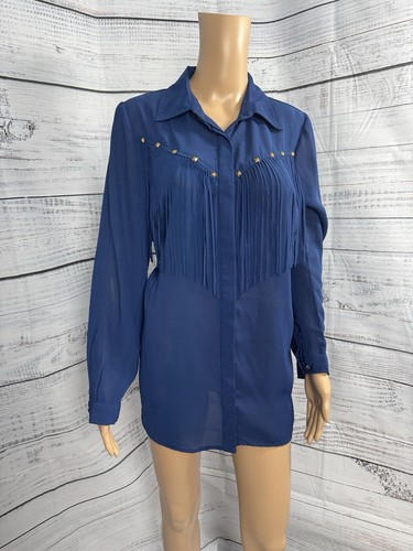 Camicia western denim 24/7 taglia 12W blu royal frange borchie blusa lunga usata in ottime condizioni - Foto 4 di 16