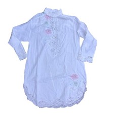 VTG NATORI x SAKS FIFTH AVE Embroidered NightGown Womens SMALL Lace Sleeve Shirt