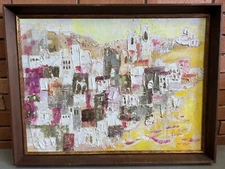 Vintage MCM Abstract Harbor Oil Painting Mid Century Modern Art Signed 60s 70s