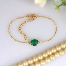 18k Gold Plated 925 Silver Adjustable Chain Green Onyx Gemstone Bracelet