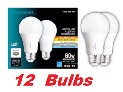 Ecosmart 9.6W = 60W Dimmable LED Light Bulb A19 With Select Color (12 Bulbs)