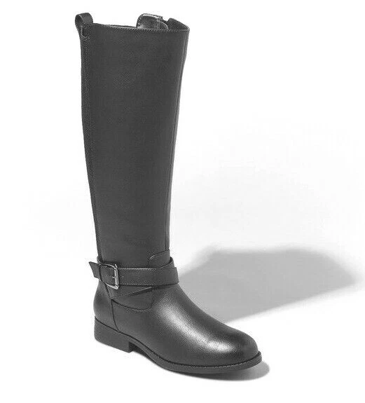 A New Day Women s Faux Black Leather Wendy Tall Riding Buckle Boots