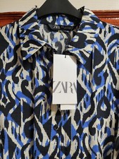 ZARA PRINTED MIDI COLLARED SHIRT DRESS WITH BELT. BLUE / BLACK. SIZE MEDIUM 
