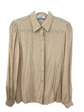 Valentino Miss V Logo 100 Silk Button Down Shirt Blouse Sz 8 Beige Puff Sleeve