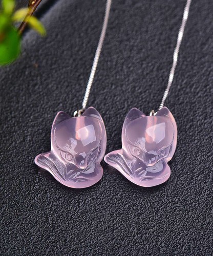 Natural Mozambique Rose Quartz Crystal Carved Fox Earrings 925 Silver Ear Wire - Picture 5 of 6