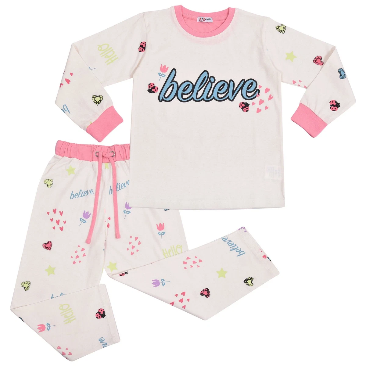 Kids Girls Belive Pyjamas Children White PJs 2 Piece Cotton Set Lounge Suit