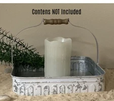New Shabby Farmhouse AGED WHITE METAL CANDLE TRAY WITH HANDLE Basket Caddy
