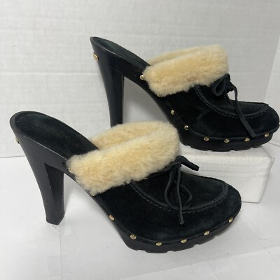 Michael Kors Womens Sherpa Lined Mules Shoes Size Black Suede Slip On  Studs