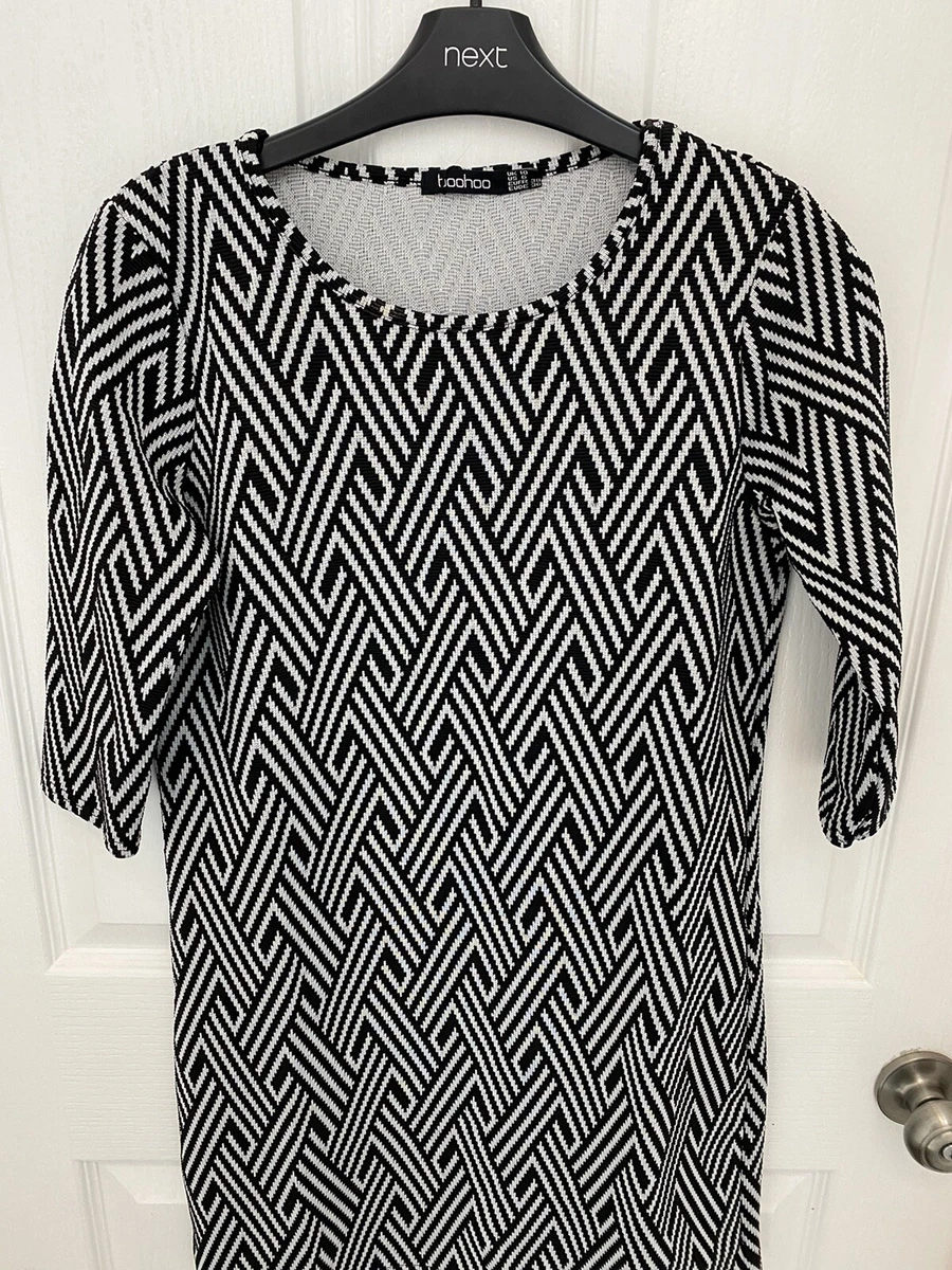 Boohoo UK Size 10 Black White Monochrome Dress Tunic Mini Casual