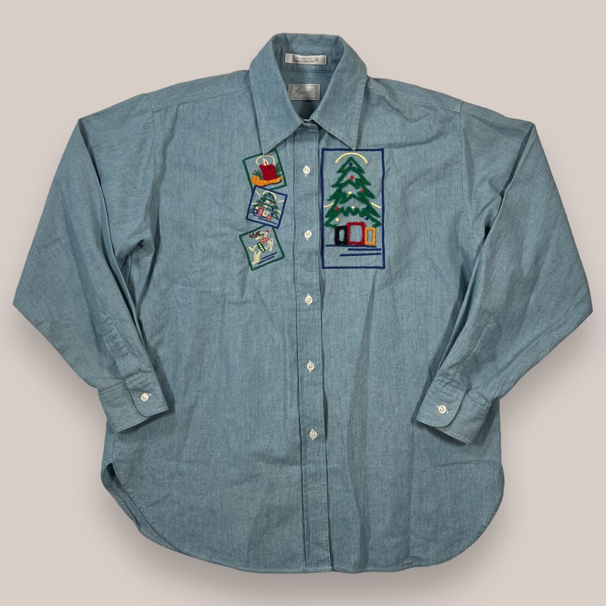 Foxcroft Christmas Tree Holiday Blue Long Sleeve Button Down Shirt Women’s Sz 6