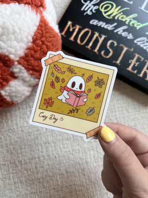 Cute Reading Ghost Sticker Polaroid Style Bookish Halloween Vinyl
