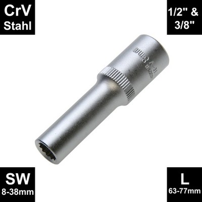 Lange Steckschlüssel-Einsatz Vielzahn 12-kant Nuss 8 bis 38 mm 3/8'' & 1/2'' Zoll