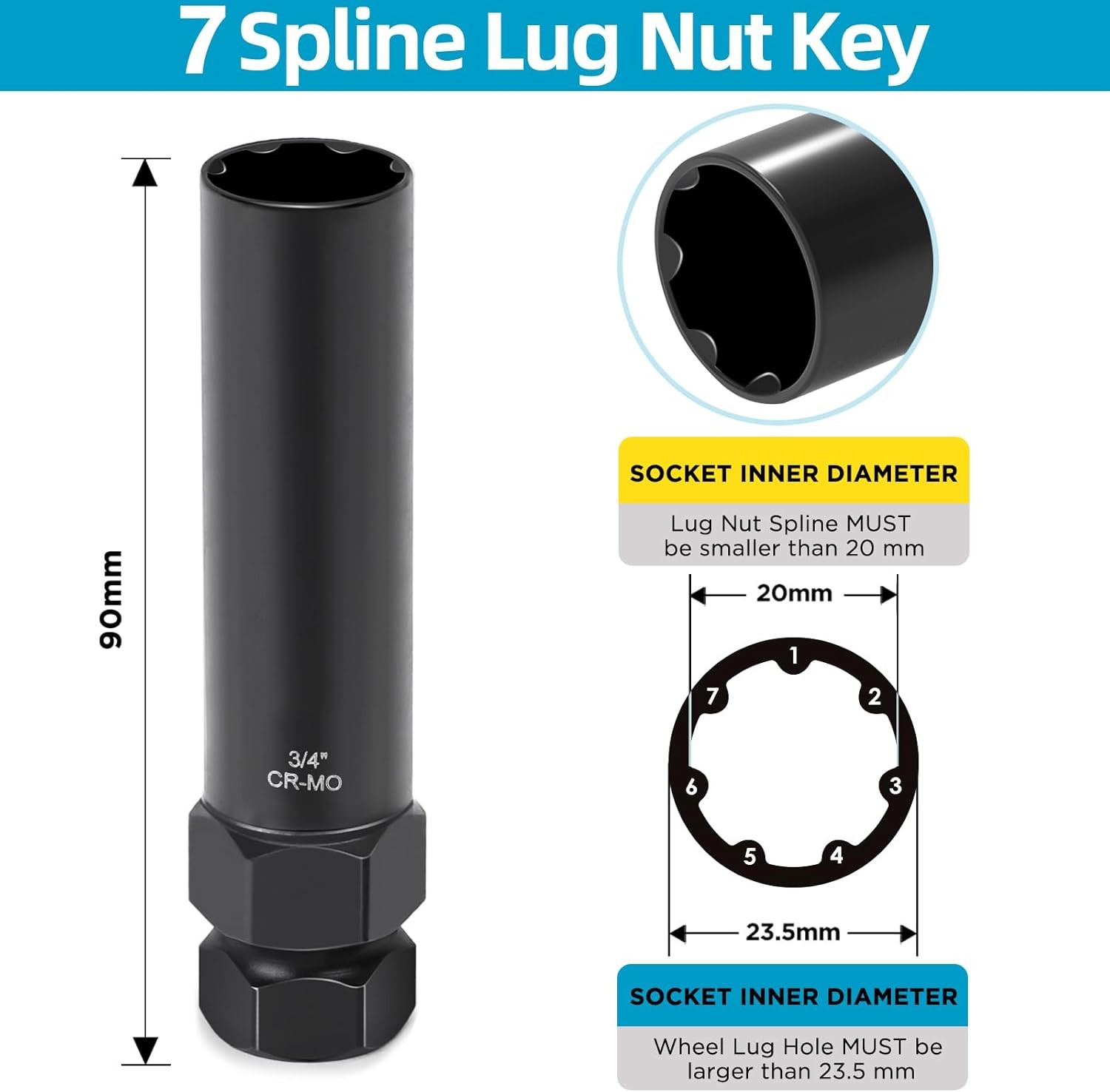 2 Piece Small 6 & 7 Spline Lug Nut Socket, Wheel Lock Key for Onesize, Black 