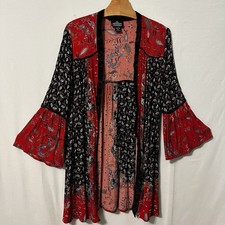 Angie Open Front Cardigan Kimono Black Red Paisley Velvet Trim Boho Women Medium