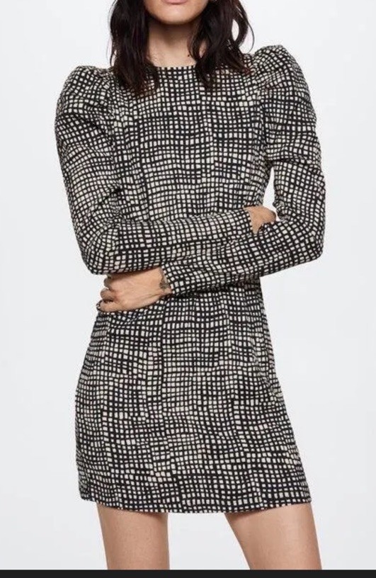 Mango Womens Sienna Long Puff Sleeved Textured Dress Monochrome Black Ecru XS