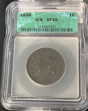 1838 CORONET HEAD LARGE CENT ICG GRADED XF40  ACTUAL COIN #H516