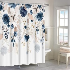 72x96 Inch Navy Blue Floral Shower Curtain Bathroom Watercolor Abstract Gold