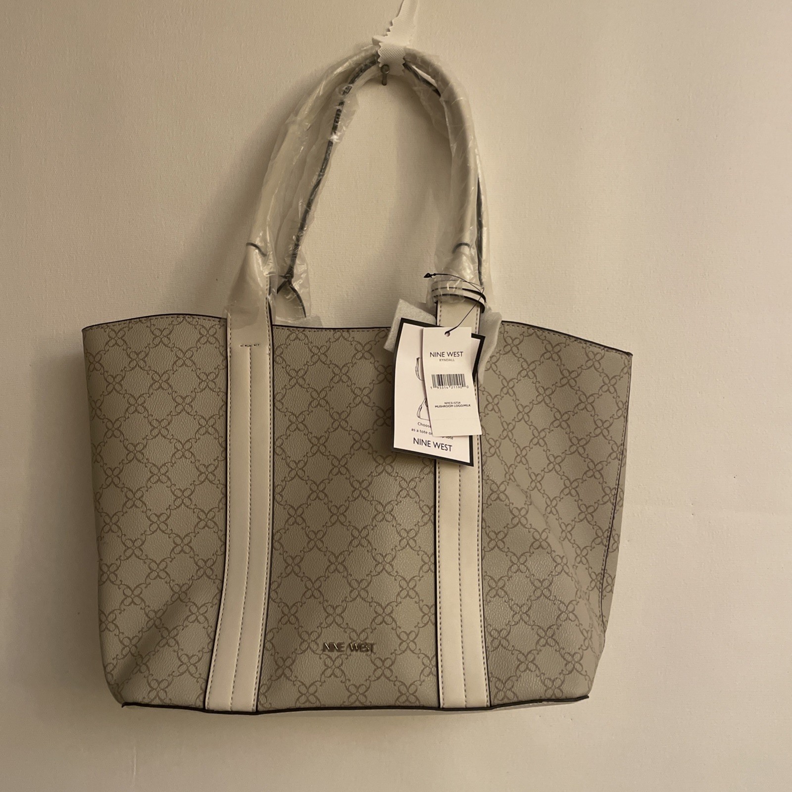 Nine West Women's Beige White Logo Pattern Tote Bag Double Handles
