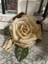 Vtg Silk Rose Large Corsage Pin 6" Beige Rose Velvet Petals with Bud & Leaves