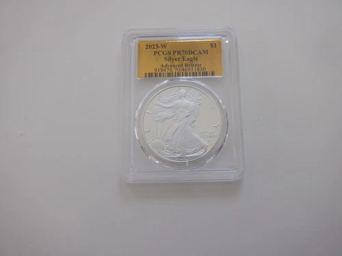 2023 W PROOF SILVER EAGLE PCGS PR70 DCAM ADVANCED RELEASE GOLD FOIL LABEL