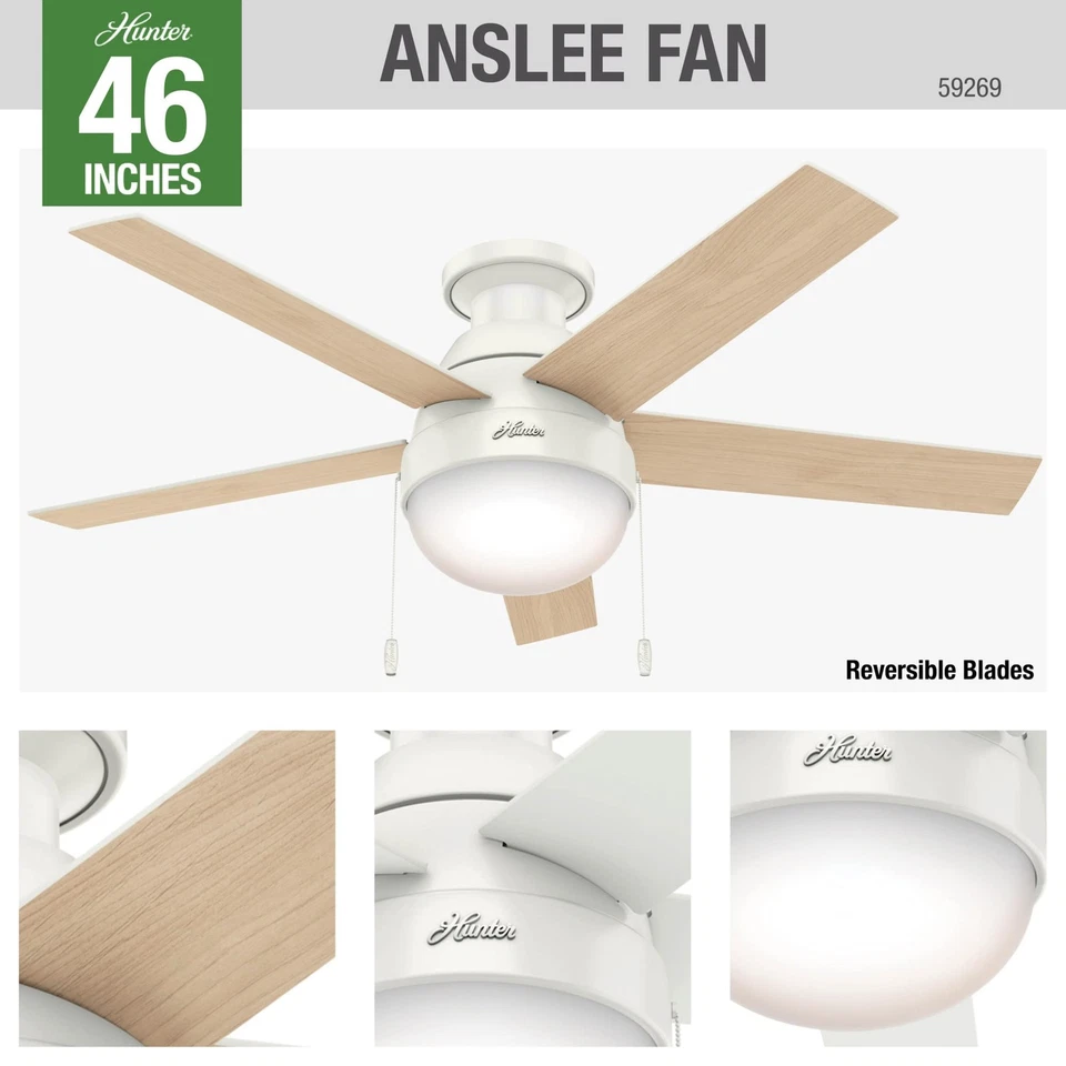 Hunter Anslee 46 Inch Modern Ceiling Fan with LED Light and Pull Chain Control - Image 2 of 4