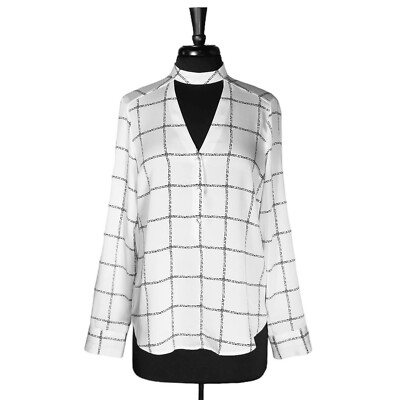 Express Womens Half Button Up Blouse White Black Plaid Keyhole V-Neck Casual M