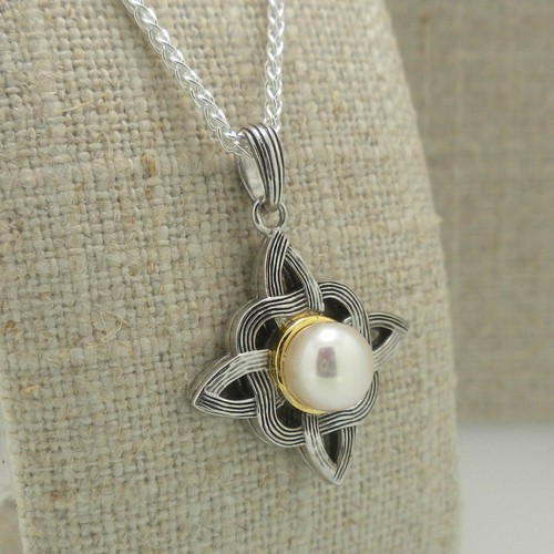 Sterling Silver & 10K Freshwater Pearl Celestial Celtic Cross Keith Jack Boxed - Picture 2 of 12