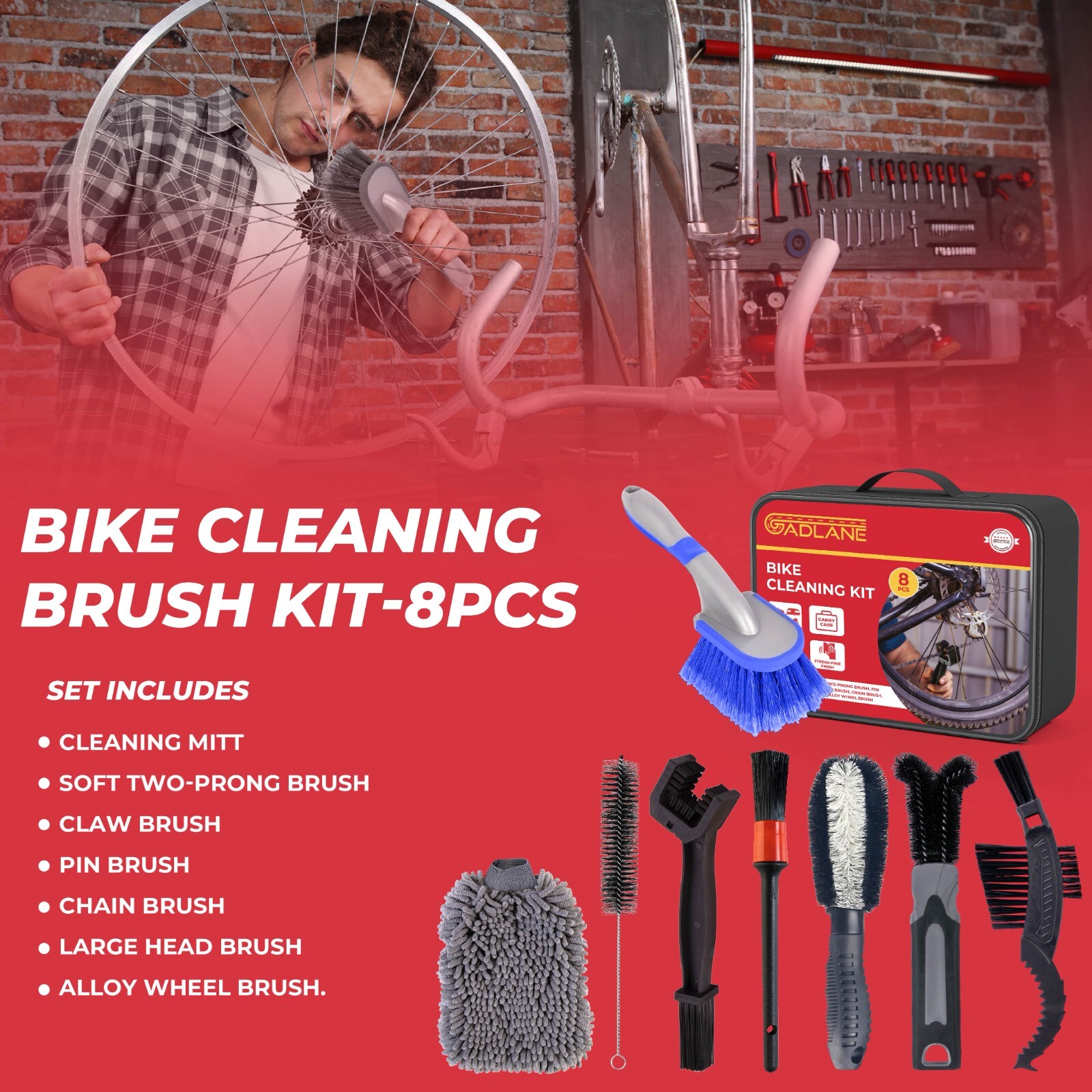 GADLANE 8 Piece Bike Brush Cleaning Kit Bicycle Chain Wheel Wash Brush