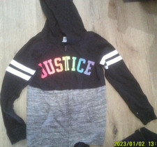 Justice Girls Hoodie SZ8/10 Grey Black Zip Up with colorful Logo