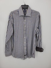English Laundry Shirt Mens 16 34/35 Brown Plue Plaid Flip Cuff Button Up Office