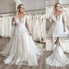 Plus Size Beach Wedding Dresses Lace Sweep Train V Neck Long Sleeve Bridal Gown