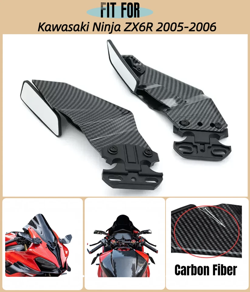 Espelhos retrovisores estilo fibra de carbono asa de vento para Kawasaki Ninja ZX6R 2005 2006 - Imagem 2 de 4