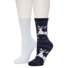 Women's Cuddl Duds  2-Pack Plushfill Reindeer Birdseye Twist Rib Crew Socks new
