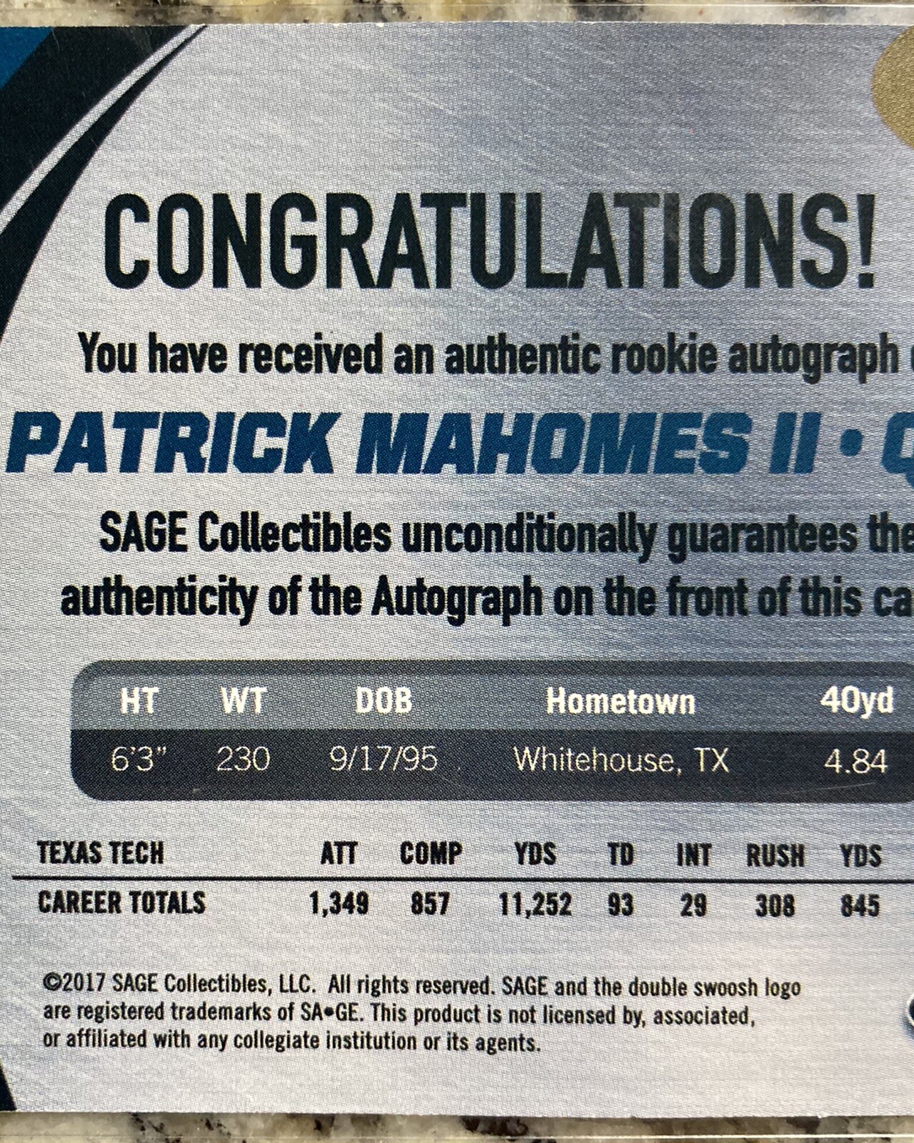 Patrick Mahomes Auto Inscription 2017 Sage Hit Premier Draft Patrick Mahomes II RC Rookie Auto Autograph ...