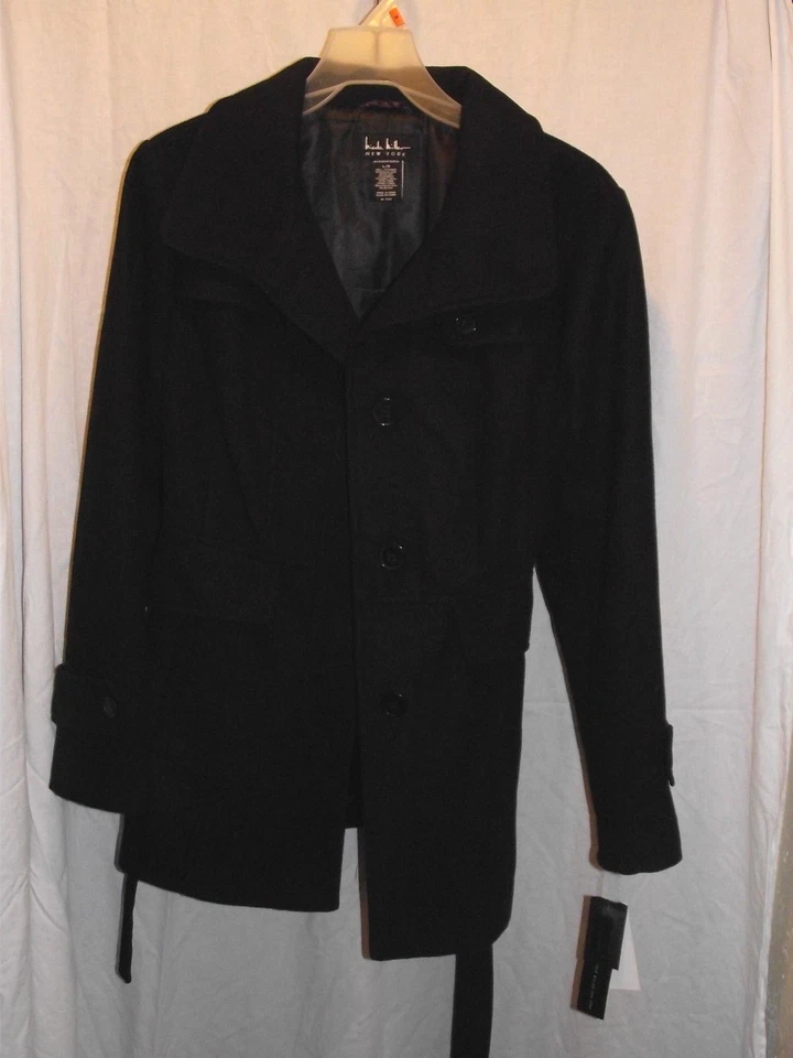 Gabardina corta Nicole Miller NUEVA CON ETIQUETAS L negra Melton con cinturón envío gratuito Foto 2 de 4