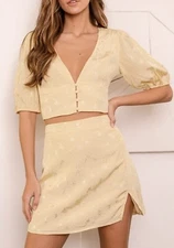 Lulus Looking Luminous Light Yellow Jacquard Two Piece Set Size XS